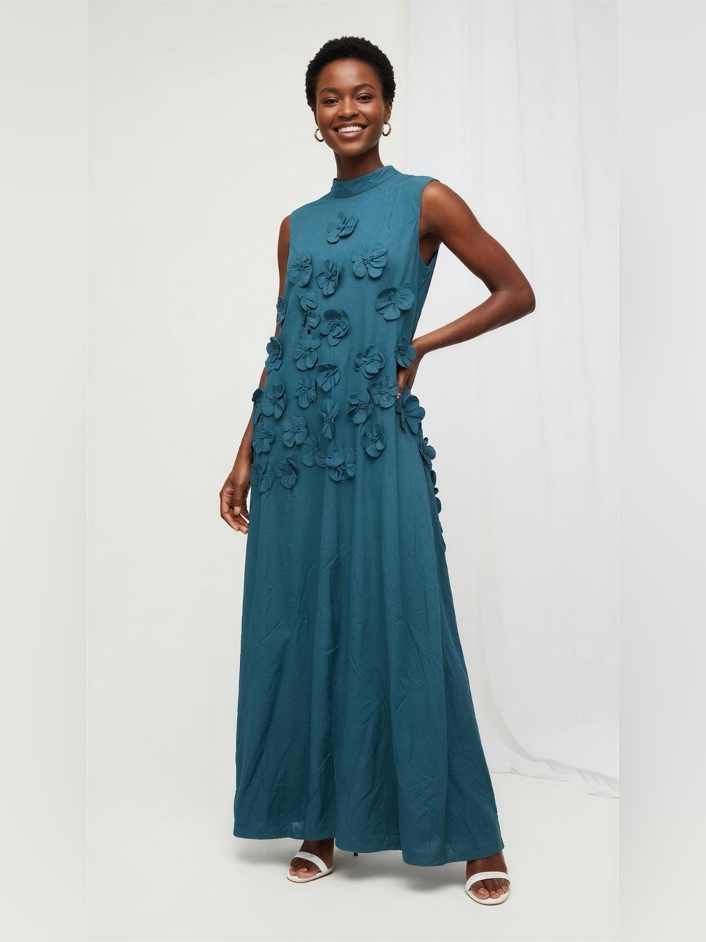 A Line High Neck Sleeveless Floor Length Stretch Crepe Dress With 3D Flowers